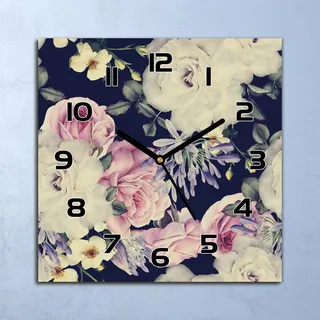 Wanduhr Echt-Glas-Küchenuhr Barocke Blumen Quarz Lautlos 30x30 Deko Bilder - Rosa