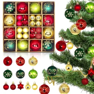 44 Stücke Weihnachtskugeln, Bruchsichere Weihnachtsbaumkugeln Kunststoff, Christbaumschmuck mit Hängeseil Groß/Mini Weihnachts Kugeln, Süße Christbaumkugeln, Baumkugel für Weihnachtsbaum Deko