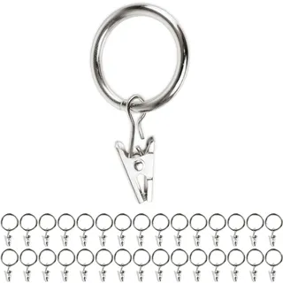 Gardinenklemmen mit Ringen, 30 Pack, in Silber-Farben, Ø 25 mm innen, Gardinenringe für bis Ø 24 mm Dicke Gardinenstangen, Vorhang Ringe Klammer Haken, Gardinen Klammern Aufziehringe, Curtain Rings