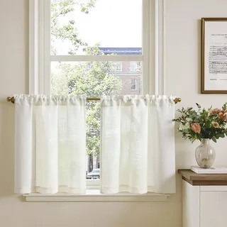 TOPICK Scheibengardinen Cream Weiß Leinenoptik Bistrogardine für Wohnzimmer Küche Fenster Lichtdurchlässig Küchenvorhänge Kurz Gardinen Moderne Landhaus Scheibengardinen Tunnelzug 2er Set 65x60 cm