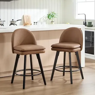 Moderne Kunstleder Barhocker 2er Set, Barstühle Drehbar ohne Armlehnen mit Lehne Fußstützen, Gepolsterte Küchenhocker mit Holzbeinen für Kücheninsel Frühstückstheke Heimbar, Braun - Braun