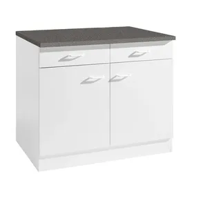 Küchen Unterschrank Start 100 cm breit 60 cm tief in weiß mit 2 Schubladen und Arbeitsplatte - Weiß
