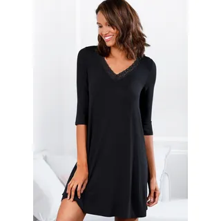Nachthemd LASCANA, Damen, Gr. 32/34, N-Gr, schwarz, Single Jersey, Obermaterial: 95% Viskose, 5% Elasthan, unifarben, kniefrei, tiefer V-Ausschnitt, Kleider Nachthemd, mit Spitzendetails