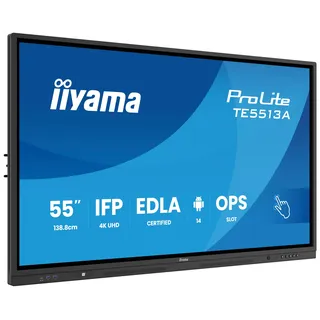 iiyama Prolite TE5513A-B2AG 138.8cm 55" IPS LED interaktives Display 4K UHD 40 Touchpunkte PureTouch-IR+ HDMI DP USB-C DP-Alt USB2.0/3.2 RJ45 WiFi OPS Android 14 Google EDLA PIR NFC AntiGlare 7H 24/7