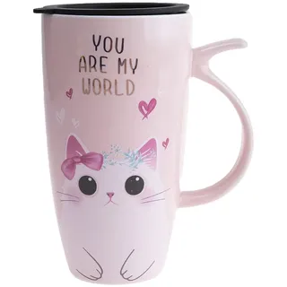 Lachineuse Süßer Kawaii Katzenbecher 300 ml - großer rosa Porzellanbecher XXL - Japanischer Tee- und Kaffeebecher - mit isoliertem Deckel - Lucky Cat - Geschenkidee Japan Asien Becher - Riesen-Becher