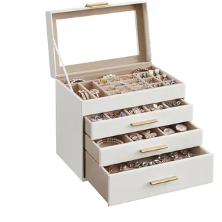 SONGMICS GISELLA Kollektion - Schmuckkästchen, Schmuckkasten mit 4 Ebenen, Schmuckbox mit Glasdeckel, 3 Schubladen, für Sonnenbrillen, Schmuckaufbewahrung, modern, wolkenweiß-golden JBC161W01