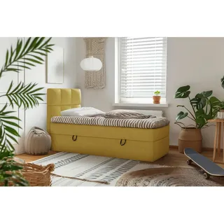 Mid.you Boxbett , Senfgelb , Holz, Textil, Holzwerkstoff , H3 , 90x200 cm , Bettkasten, gepolstertes Kopfteil, Stoffauswahl, Topper durchgehend , Holzmöbel, Holzbetten, Boxspringbetten Holz