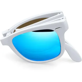 Joopin Faltbare Sonnenbrille Herren Blau Verspiegelt Tragbare Rechteckige Faltsonnenbrille Polarisiert Spiegel Retro Sonnenbrille Damen mit Weiße Rahmen(Blau Verspiegelt)