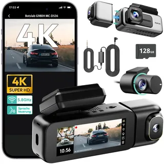 BOTSLAB 4K 3 Kanal Dashcam Auto Vorne Hinten mit Parküberwachung und 128GB SD Karte, 3 Channel 4K+1080P+1080P, GPS 5.8GHz WiFi Dash Cam, 3.18",Super Nachtsicht,WDR, Sprachbefehl,G-Sensor,Loop-Aufnahme