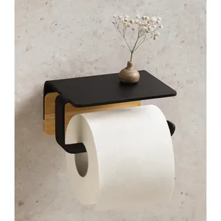 KAZAI. Toilettenpapierhalter ohne Bohren | Metall mit Echtholz-Bambus | Klopapierhalter mit Ablage zum Kleben | Klorollenhalter Bad | WC-Papier-Halterung | Schwarz, Bambus