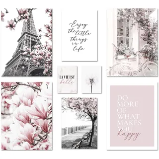 ARTFAVES® Poster Set - SPRING IN PARIS - mehrteilige Wanddeko Wohnzimmer & Schlafzimmer - 8 moderne Wandbilder Frühling, schwarz weiß, rosa, Fashion - ohne Bilderrahmen