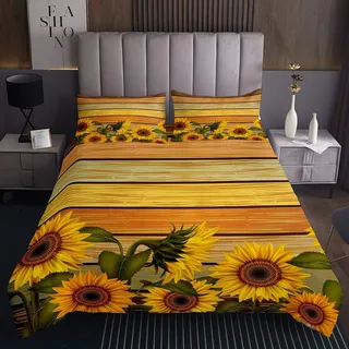 Sonnenblumen-Decke, Retro-Sonnenblumen-Zweige, gesteppt, Tagesdecke, Decke für Kinder, Jungen, Mädchen, gelb, Blumenmuster, Steppdecke, Vintage-Stil, geometrische Streifen, 2 Stück, Einzelgröße