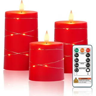 Homemory Flammenlose Kerzen, Elektronische Stumpenkerzen, 3er-Set, Rot | Fernbedienung,Timer, dimmbar, 500 Std. Betriebsdauer,Batteriebetrieb,Linearleuchten,Acryl,Hochzeit,Weihnachten, Wohndeko