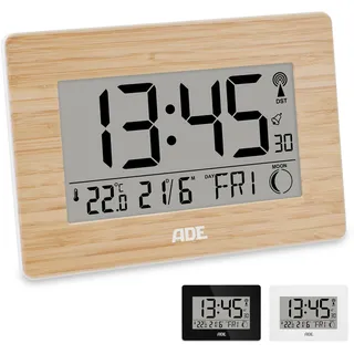 ADE Große Funkuhr digital mit XXL-Ziffern | Tischuhr mit Kalender und Wochentag | Digitale Uhr mit Temperaturanzeige | Funkwecker digital mit Batterie | Gehäuse mit echtem Bambus