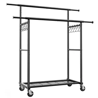 HOKEEPER Kleiderständer Schwerlast-Kleiderstange 204kg Kleiderständer mit Rädern Doppelstab-Garderobenständer zum Aufhängen von Kleidung Tragbarer mit Regalen, schwarz