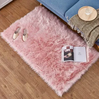 YDFYX Lammfell Schaffell Teppich Kunstfell Dekofell in Super weich Lammfellimitat Teppich Longhair Fell Optik Nachahmung Wolle Bettvorleger Sofa Matte (Pink, 50 x 80cm)