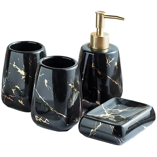 XUDREZ Badezimmer Zubehör Sets Marmor Muster Keramik Bad Zubehör Set Luxus Badezimmer Set Lotionspender, Zahnbürstenbecher, Seifenschale, Chassis (Glänzend Schwarz 4 teiliges Set)