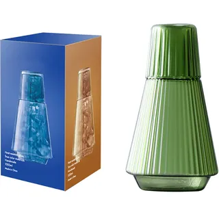 TITA-DONG 34oz Vintage Nachttisch-Wasserkaraffe und Glas-Set, Klassische Gestreifte Nachttisch-Wasserkaraffe mit Tumbler, Klarglas-Saft-Wasserkrug für Schlafzimmer-Nachttisch(Grün)