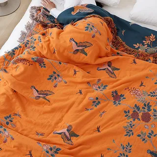 Snylcce Doppelseitige böhmische Decke - 100% Bio-Baumwolle, handgewebte Bett- und Sofadecke, gemütlicher Boho-Akzent für 2-3-Sitzer Sofas und Sessel - 200x230cm,Orange Bird