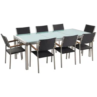 Beliani Gartenmöbel Set Schwarz Sicherheitsglas Edelstahl Tisch 220 cm 8 Rattanstühle Terrasse Outdoor Modern - Schwarz, Transparent, Silber