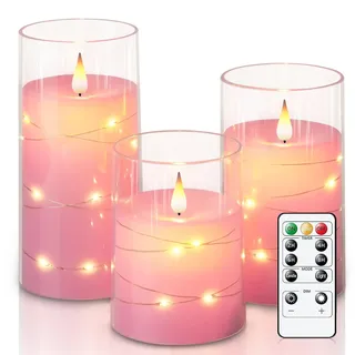 Homemory Flackernde Flammenlose Kerzen mit Lichterkette, Batteriebetriebene Kerzen, Eingebettete Lichterkette, LED-Kerzen, Unzerbrechliche Kerzen mit Fernbedienung, Rosa, Dekorationen, 3er-Set