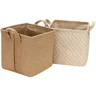 Sea Team Storage Aufbewahrungskörbe aus Jute und Baumwollleinen, faltbar, mit dekorativem Griff, für Zuhause, Toiletry Stationery Sundries Toys, Schmuck, Beige, 26 x 26 x 26 cm, 2 Stück