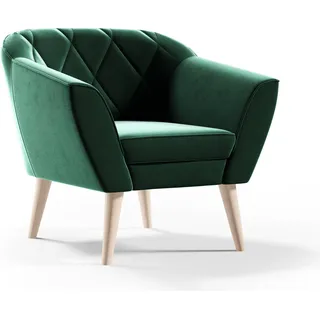 GUTTO Sessel aus Velour Samt grün KARO Relaxsessel Fernsehsessel im Skandinavischen Stil Polstersessel auf hohen Holzbeinen hohe Füe moderne Steppung - Grün