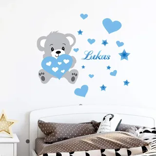 Personalisierbare Namensaufkleber | Sticker Bär | Wanddeko Kinderzimmer | 2 Bögen 30 x 35 cm und 50 x 30 cm – Farbton Blau