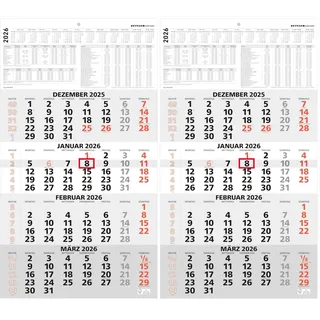 Zettler 4-Monatskalender rot 2026 – Wandkalender 33 × 59 cm mit Datumsschieber, 4 Monate pro Blatt, Kopftafel 15 cm, Wochenzählung, Jahresübersicht, Sonn- und Feiertage markiert, FSC (Packung mit 2)