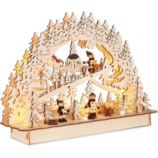 Brubaker 3D Lichterbogen - LED Schwibbogen - Schlittenfahrt im Wald - Weihnachtsbeleuchtung aus Holz Natur - 22 x 32 x 9 cm - Handbemalte Figuren - Weihnachtsdeko für Tisch & Fenster