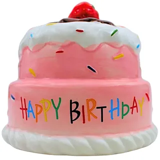Sparfigur, Spartorte, Geburtstags Spardose, Sparbüchse, Kinderspardose, Sparschwein als Kuchen, Happy Birthday Torte mit Sparfunktion aus Keramik in Pink Rosa, L/B/H 12 x 12 x 12 cm.