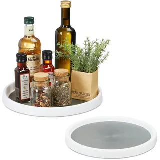 Relaxdays Drehteller, 2er Set, Ø 25 & 30 cm, drehbarer Kühlschrank Organizer, Badorganizer, Gewürzregal, weiß/grau