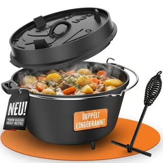 AMZBBQ® Dutch Oven 9 Liter – Gusseisen Topf, doppelt eingebrannt, mit Füßen
