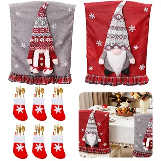 GAROMIA Weihnachten Stuhlhussen 2er Weihnachtsdekoration Stuhlbezug mit Bestecktasche Husse Weihnachtsdeko Weihnachtsstuhlüberzug für Stühle Weihnachten Tischdeko Zuhause Stuhlabdeckung