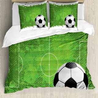 ABAKUHAUS Fußball Bettbezug, Grunge Fußball-Entwurf, Milbensicher Allergiker geeignet mit Kissenbezügen, 200 cm x 200 cm - 80 x 80 cm, Grün Schwarz Weiß