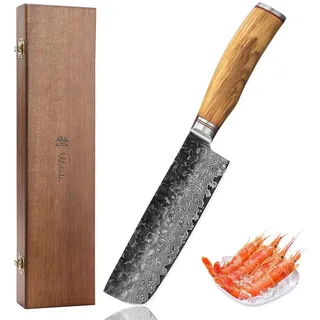Wakoli Olive HS Nakiri Küchenmesser – Messer mit 17 cm Klinge aus 67 Lagen Damaststahl und VG10-Kern - Scharfes Messer mit Hammerschlag - Kochmesser mit Olivenholzgriff – Damast Gemüsemesser - Holzbox