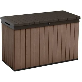 Keter Darwin Gartenbox 662L Braun – Wetterfeste Outdoor Aufbewahrungsbox in Holzoptik, abschließbarer Deckel mit Hydrauliksystem, UV-geschützt, wartungsfrei, Sitzgelegenheit für 2 Personen