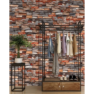 BUVU Vinyltapete 53x1000cm Steintapete Orange Grau Weiß Rustikal Natur Stein, schöne edle Tapete im Steinmauer Loft Design, moderne 3D Optik für Wohnzimmer, Schlafzimmer