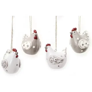 TEMPELWELT 4X Deko Figur Vogel Henne Huhn zum Anhängen im Set, 5 x 6 cm aus Polystein grau weiß Landhaus Stil, Dekofigur Hühner Dekovögel