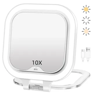 Kosmetikspiegel mit Beleuchtung, Wiederaufladbarer Reisespiegel mit Licht, 10-fache/1-fach Doppelseitige Tischspiegel,3 Farblichter, DimmbarerSchminkspiegel, Tragbarer Vergrößerungsspiegel mit Licht