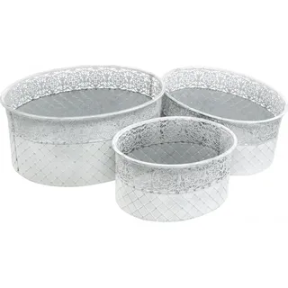 3er Set Schalen zum Bepflanzen Weiß Silbern, Metallschale mit Spitzenmuster, Shabby Chic Pflanztopf oval - Weiß