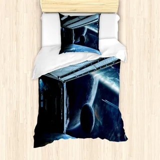 ABAKUHAUS Weltraum Mantele, Mond Planet Szene, Milbensicher Allergiker geeignet mit Kissenbezügen, 135 cm x 200 cm - 80 x 80 cm, Navy blau - Blau