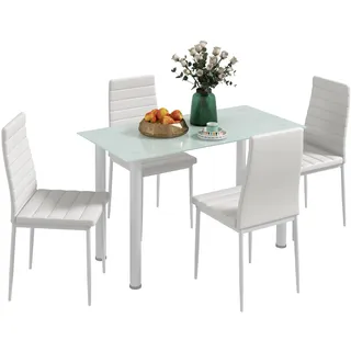 Homcom 5-Tlg. Essgruppe, Esstisch mit 4 Stühlen, Küchentisch mit Hartglasplatte, Esszimmergruppe, Esszimmermöbel, Esstisch Set für Küche, Esszimmer, Stahl, Weiß