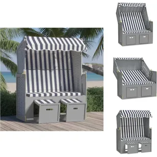 vidaXL Strandkorb mit Dach Poly Rattan und Massivholz Blau & Weiß - Sonnenliegen - Blau