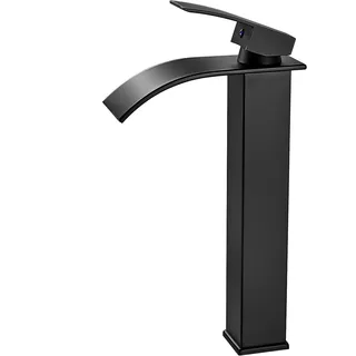 Coleniny Wasserhahn Bad Schwarz Hoch | Wasserfall Waschtischarmatur Hoch mit Auslauf Höhe 232mm | Mischbatterie Waschbecken Armaturen für Aufsatzwaschbecken | G3/8'' Anschlüsse | Schwarz Matt