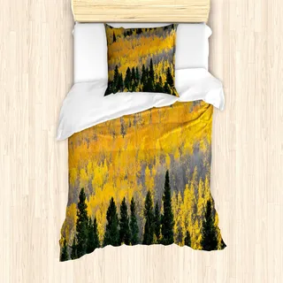 ABAKUHAUS Fallen Mantele, Bunte Aspen-Bäume USA, Milbensicher Allergiker geeignet mit Kissenbezügen, 135 cm x 200 cm - 80 x 80 cm, Grün, Gelb, Grau - Grün
