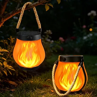 2 Stück Solar Laterne Tanzende Flammen LED Tragbares Rund Stehend mit Seil Hängend Wetterfest Solarlampe Tisch Licht im Freien Outdoor Draußen Camping Gartenlaterne Balkon Terrassen Deko Aussen