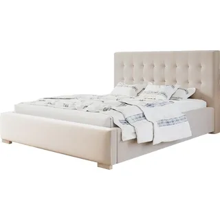 Polsterbett RIO mit Kopfteil, 120x200 cm, Doppelbett mit Bettkasten und Lattenrost aus Holz, Velourstoff, Farbe: Sand - Beige
