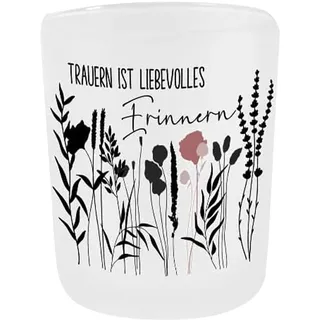 Kilala Teelichtglas für Verstorbene, Trauerlicht mit Spruch Trauern ist liebevolles Erinnern, Motiv mit Pflanzen, Höhe 80mm, Ø 70mm, Andenken an Trauerfall