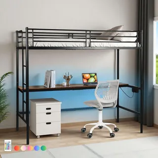FurnitureR Hochbett 90x200 cm Metall mit Schreibtisch, LED-Beleuchtung (16 Farben, 4 Modi),Metall Bettrahmen mit Ladestation (2 AC Steckdosen 2 USB Ports), Absturzsicherung & Lattenrost, Schwarz